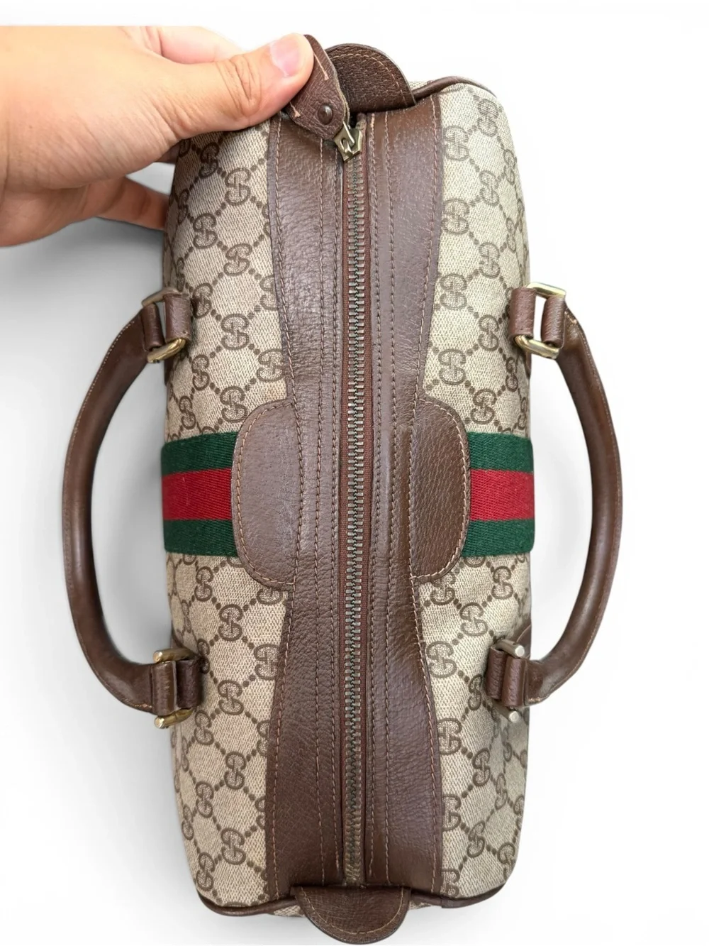 Gucci Beige GG Supreme Canvas Duffel with Brown Leather and Green-Red Web